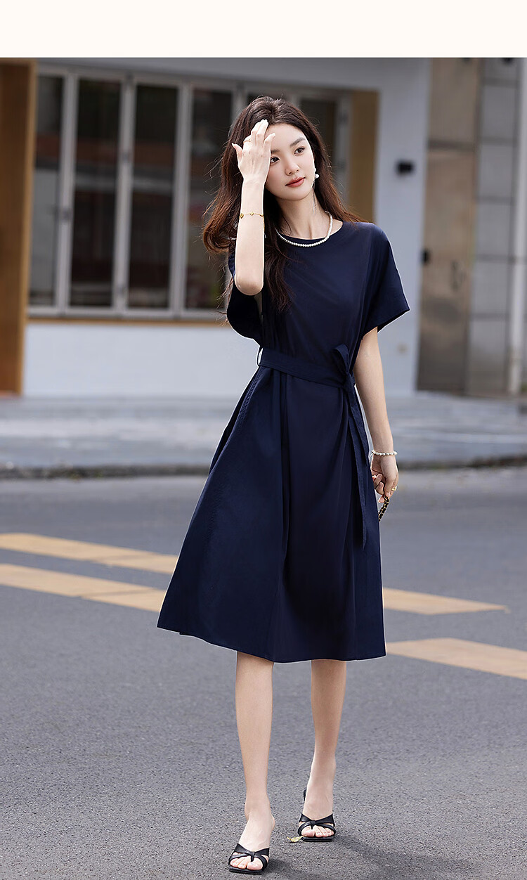 Dme [50 Pieces of Pure Cotton Brocade] Summer Elegant Office Round Neck Tie-Up Spliced Mid-Length Slimming Women's Dress 10