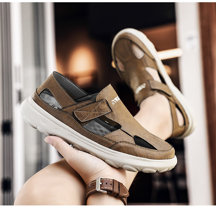 Bull Family Men's Summer New Hollow Breathable Soft Leather Soft Sole Casual Sandals 7