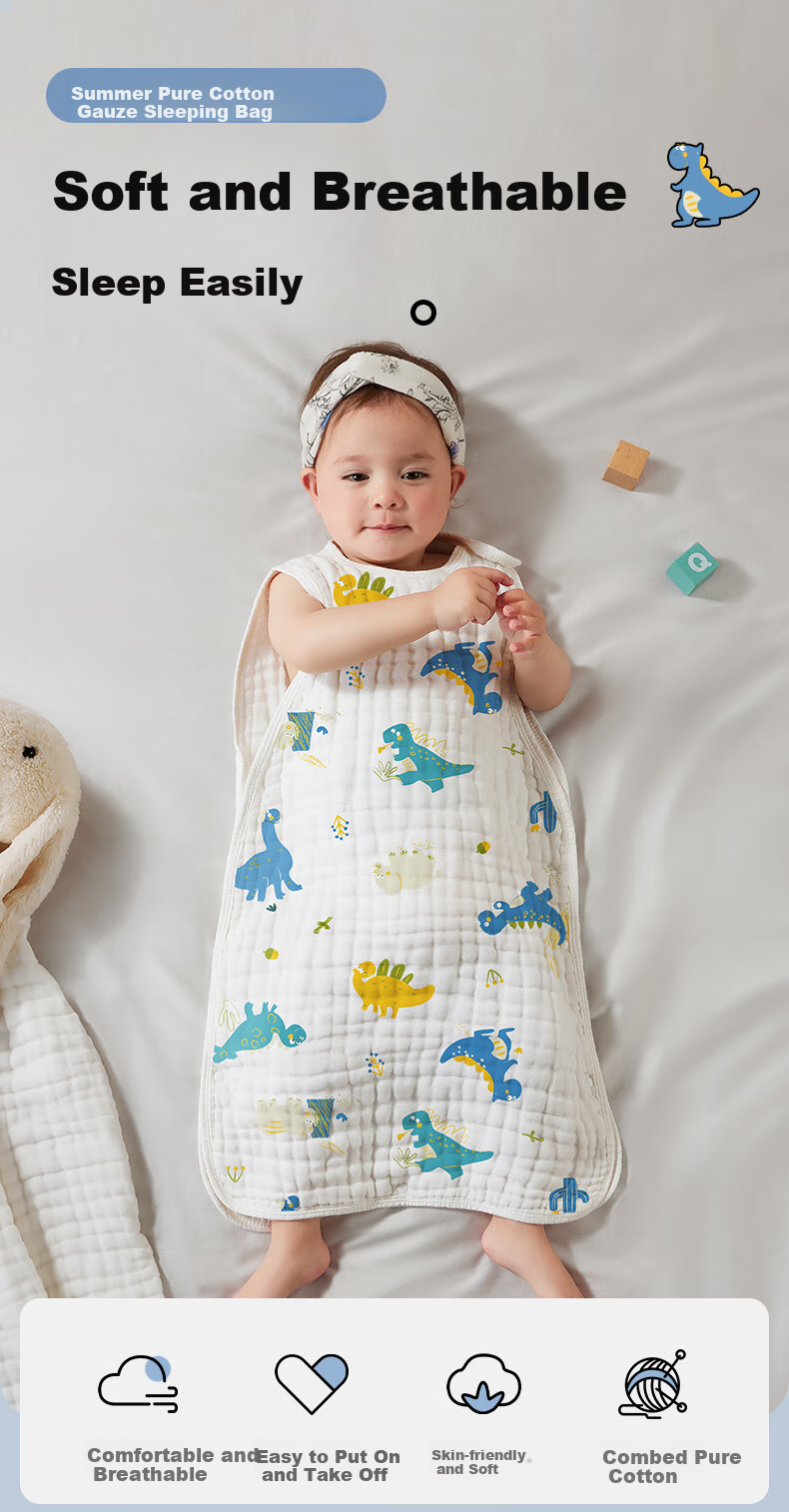 Kidsneed Baby Sleeping Bag, Newborn Pure Cotton Gauze Sleeveless Vest, Infant Spring And Autumn Belly Protection Pajamas, Anti-Kick Blanket, Four-Layer Size L 1