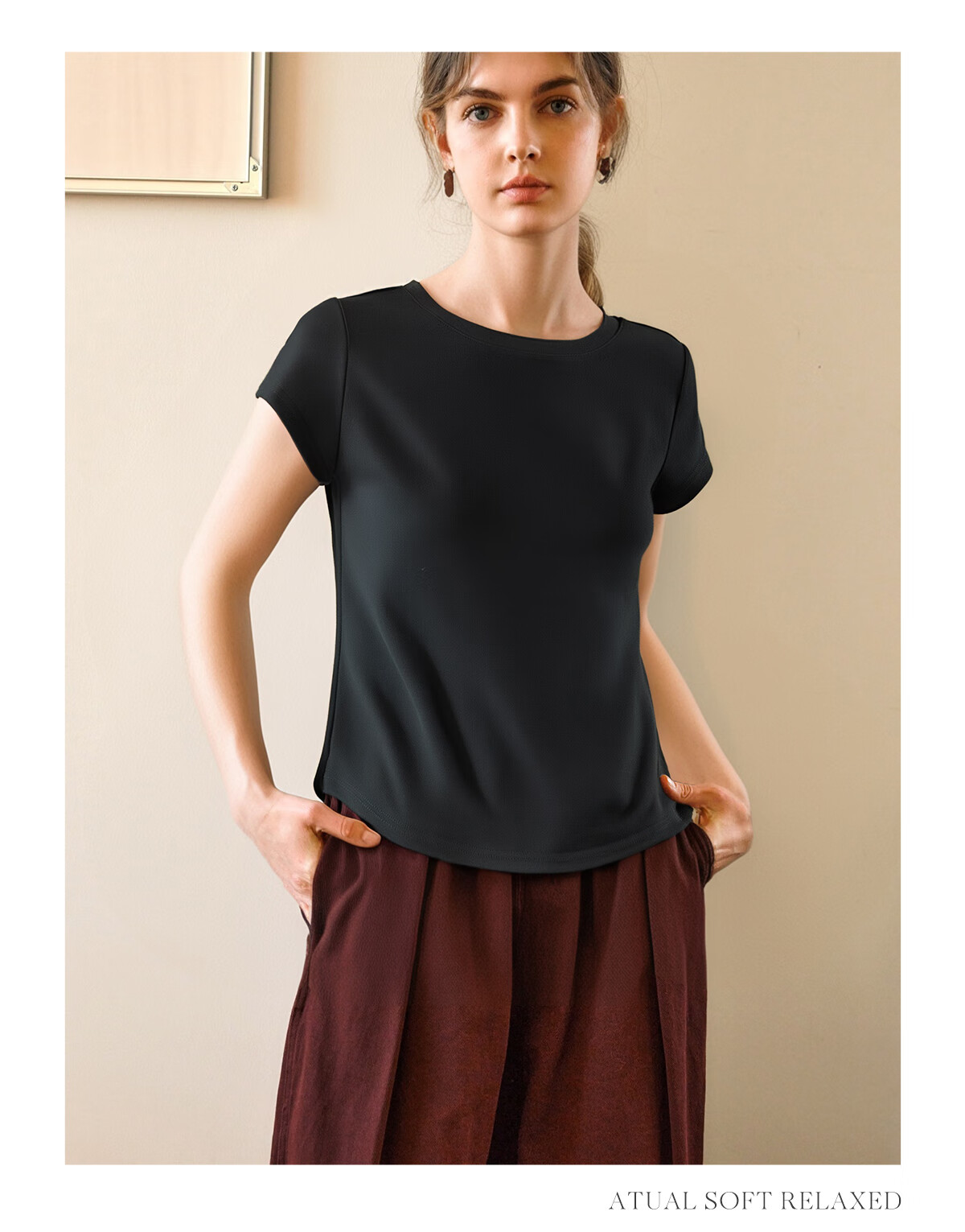 Olrain Oureier Round Neck Simple Versatile T-Shirt Women's Summer Short Sleeve Small Size Top Black M 36