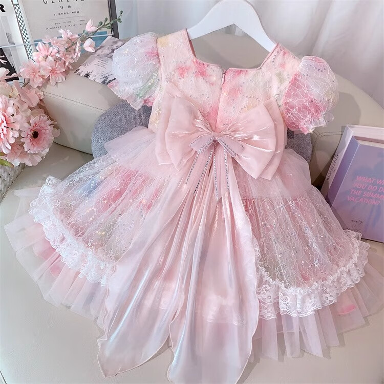 Anneyol Girls' Princess Dress Summer Outfit Stylish Children's Lolita Tulle Dress with Puff Sleeves, Pink, Size 160 29