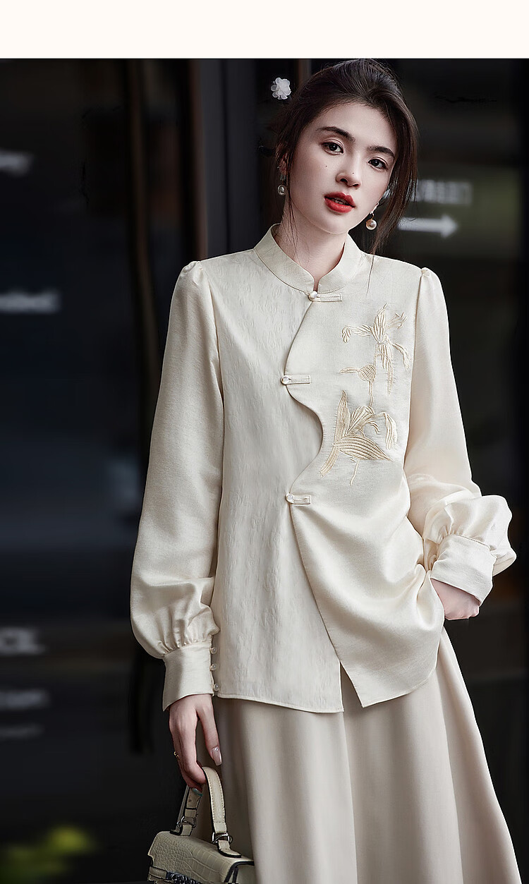 Dme [Gentle Oriental Beauty] Autumn Chinese-Style New Shirt with Stand Collar, Slanted Placket, Frog Buttons And Embroidery, Women's Blouse Top 12