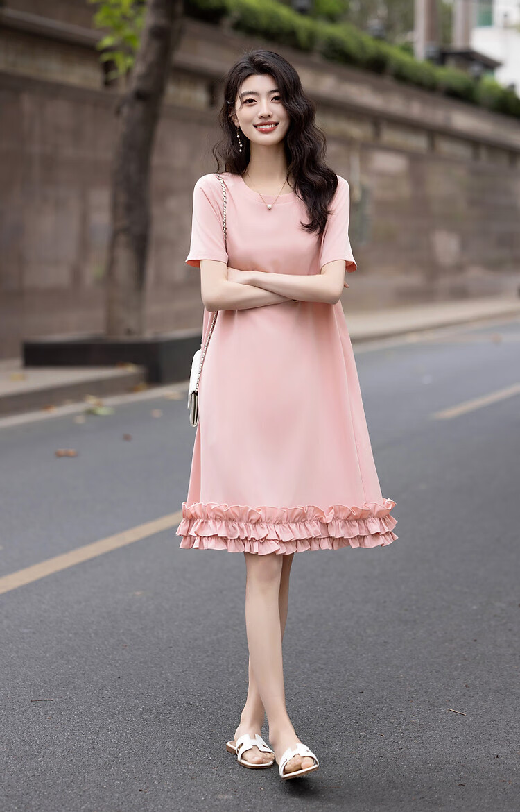 Dme [Tianren Gentle Styling] Summer Shiny 80D Linen Mushroom Edge A-Line Mid-Length Women's Dress 9