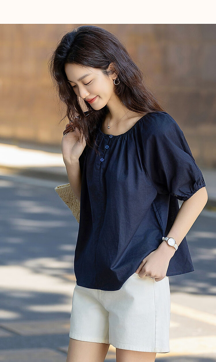 Dme [Elastic One-Shoulder Round Neck Two-Way Wear] Summer Lightweight Linen Cotton Blend Blouse Elegant Shirt Women's Top 13