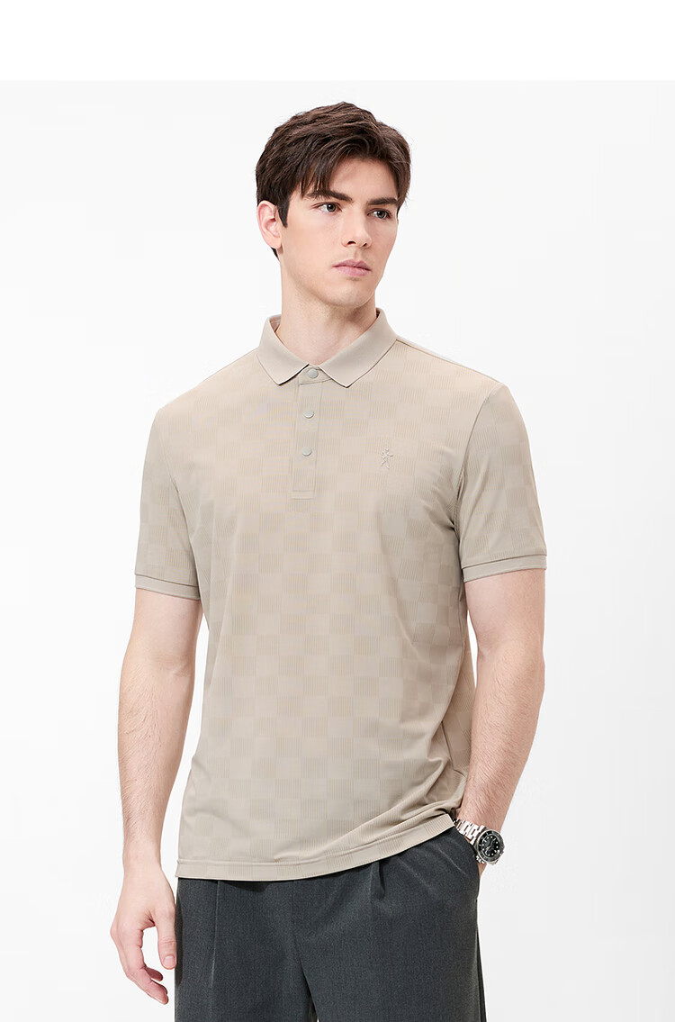 DANCING WOLVES [Elastic Breathable] Summer Quick-Dry Checkered Short-Sleeve Men's Polo Shirt, 705 Apricot Color, Size L (175) 12
