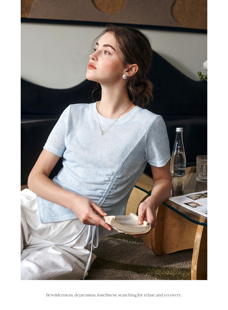 Olrain Oureier Solid Color Irregular Ruched Simple T-Shirt Summer New Waist Ruched Design Top Blue S 14
