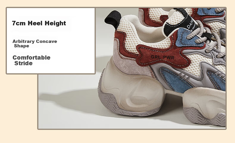 DAPHNE Fashion Color-Block Dad Sneakers for Women, Thick-Soled High Heel Sports Casual Shoes, Trendy Comfortable Women's Shoes, Gray Blue, Size 40 10