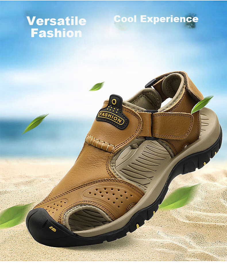 CARTELO Men's Sandals, Summer Roman-Style Closed-Toe Beach Shoes, Top-Grain Leather Perforated Shoes for Men, CS01, Khaki, Size 41 2