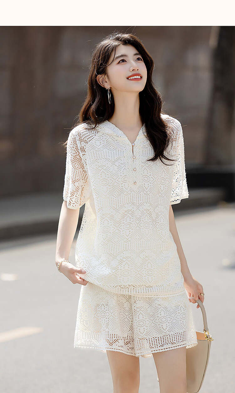 Demana Lace No-Fail Summer Hooded Lace Ribbon Top and Hollow Jacquard Pants Women's Two-Piece Set 12