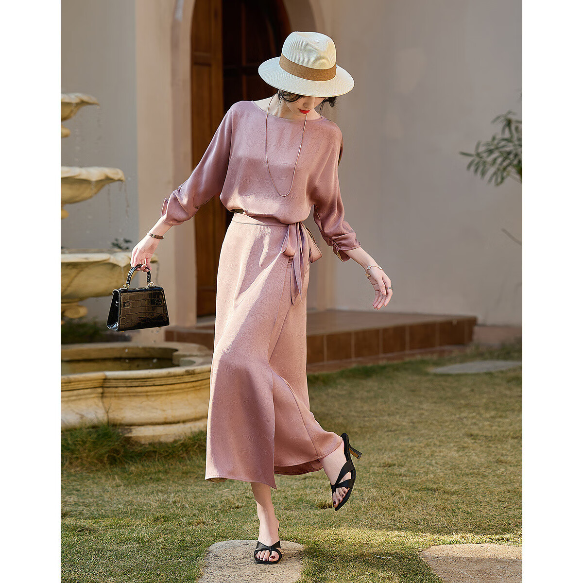Dme Satin Wrap Tea Break Dress, Spring And Autumn Light Luxury Design, Divided Elastic Pleated Three-Quarter Sleeve Women's Dress