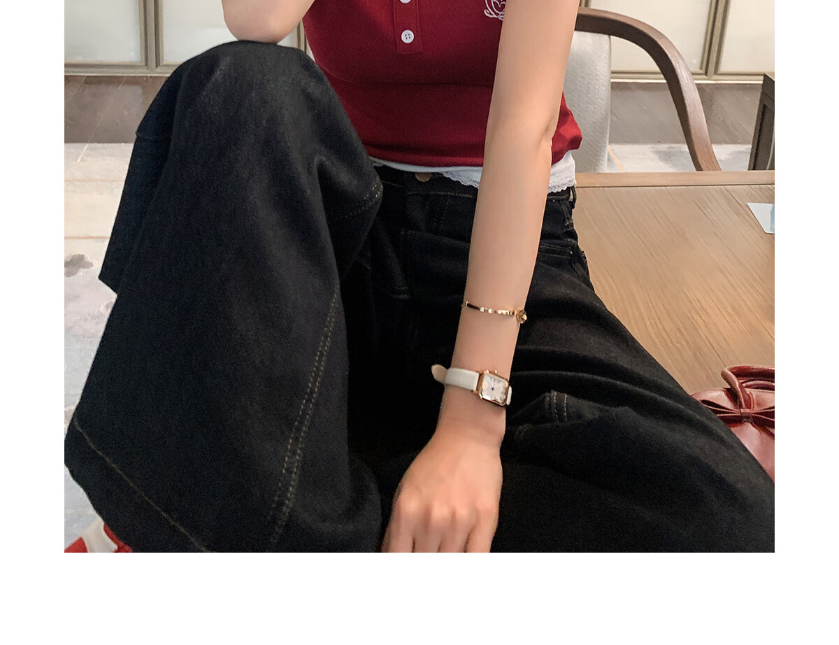 Halo Queen Women's Short-Sleeve T-Shirt, Round Neck, Red And White Contrasting Color Lace Splicing, Slim-Fit Embroidered Bow Waist-Cinching Slimming H52T076 6