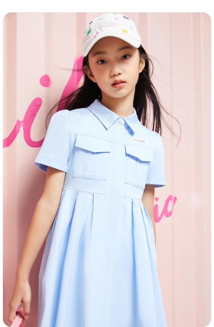 Annil Girls' Short-Sleeve Dress, Summer Pleated Artistic Workwear Style, Lightweight Breathable Dress 7