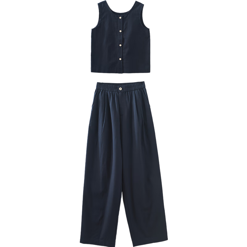 Dme High-Sense CBD Commuter Summer Minimalist Cotton Set Round Neck Vest Elastic Waist Pants Two-Piece Set