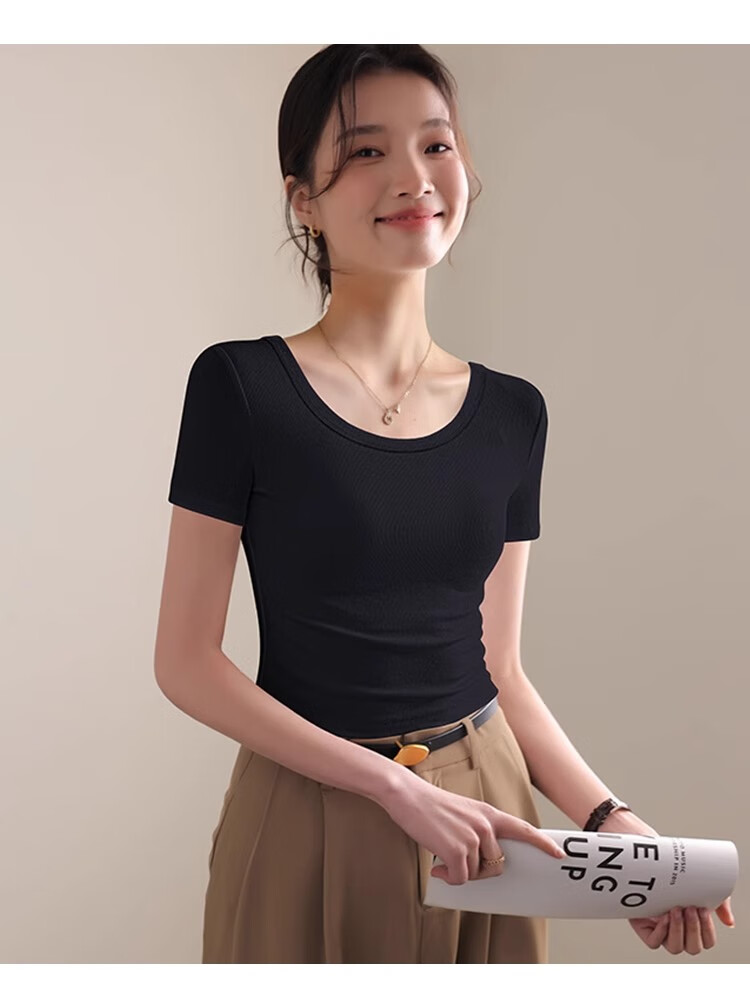 Woodpecker Women's Regular Shoulder Short Sleeve T-Shirt Summer 2025 New Round Neck Slim Fit Cropped Top White L 3