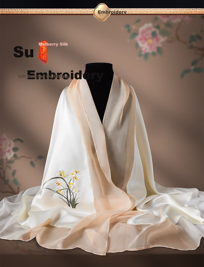 Hangsifu Handmade Suzhou Embroidery Silk Scarf Shawl Wrap, Autumn And Winter Neck Protection Warm Scarf, Birthday Gift for Mom, Gift Box 2