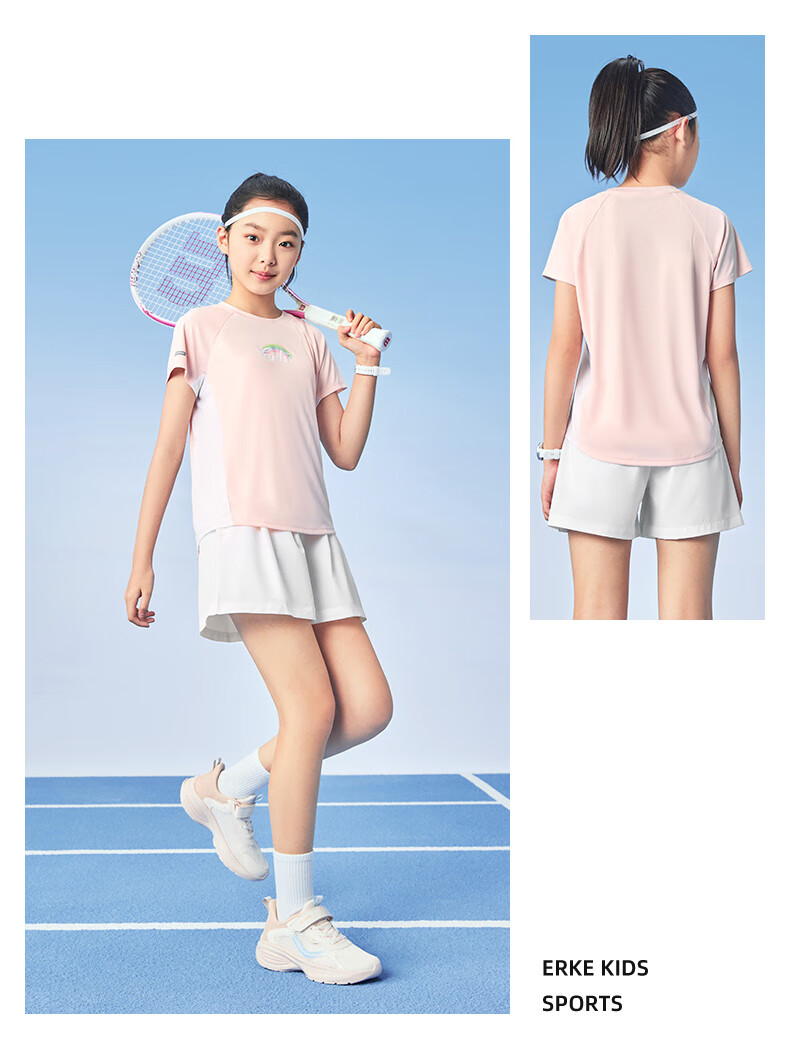 ERKE Kids Girls Sports Set Children's Casual Short Sleeve Set Pure White 120 11
