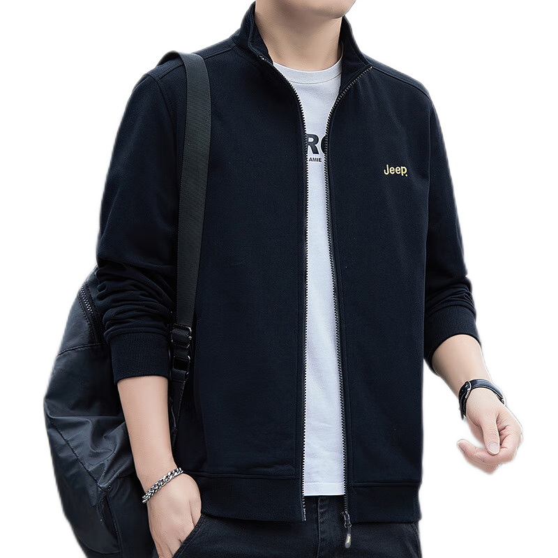 JEEP Men's Sweatshirt, Casual Cardigan Jacket for Spring And Autumn, Loose-Fitting Stand-Collar Top, Men's Clothing, Black, 2XL