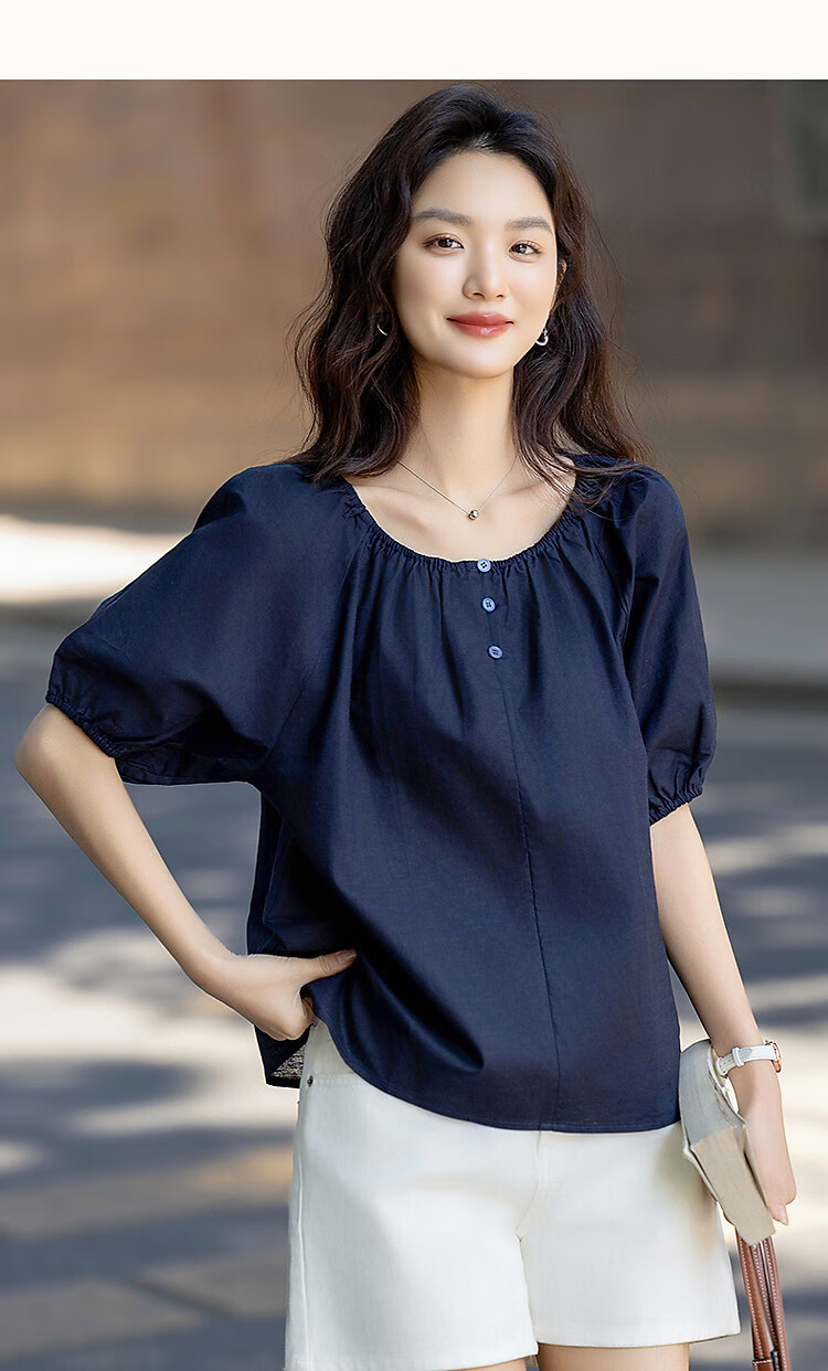 Dme [Elastic One-Shoulder Round Neck Two-Way Wear] Summer Lightweight Linen Cotton Blend Blouse Elegant Shirt Women's Top 12