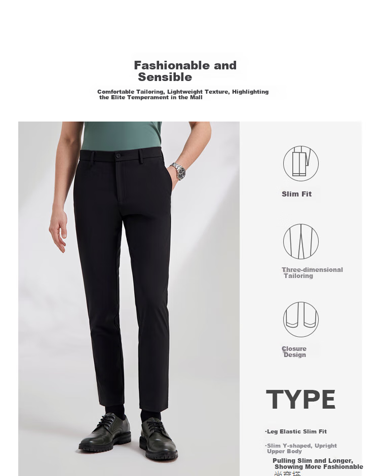 YOUNGOR Men's Dress Pants, Spring And Summer, Young Business Casual Trousers, VCHX310105AWY, Black, 170/78A 4