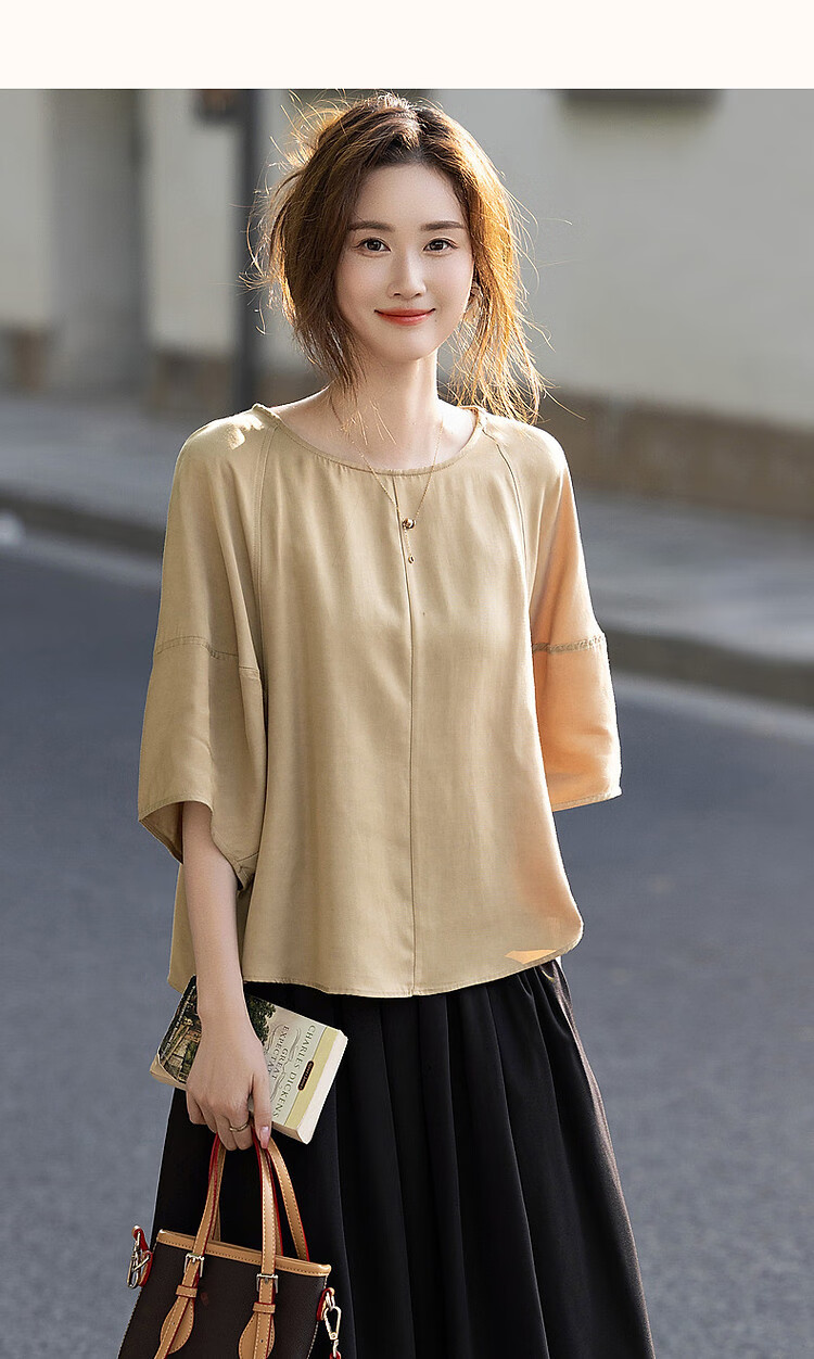 Dme [Monet Garden] Summer Lightweight Breathable Silk Blend Shirt, Round Neck, Loose Fit, Comfortable, Slimming Blouse Top 13