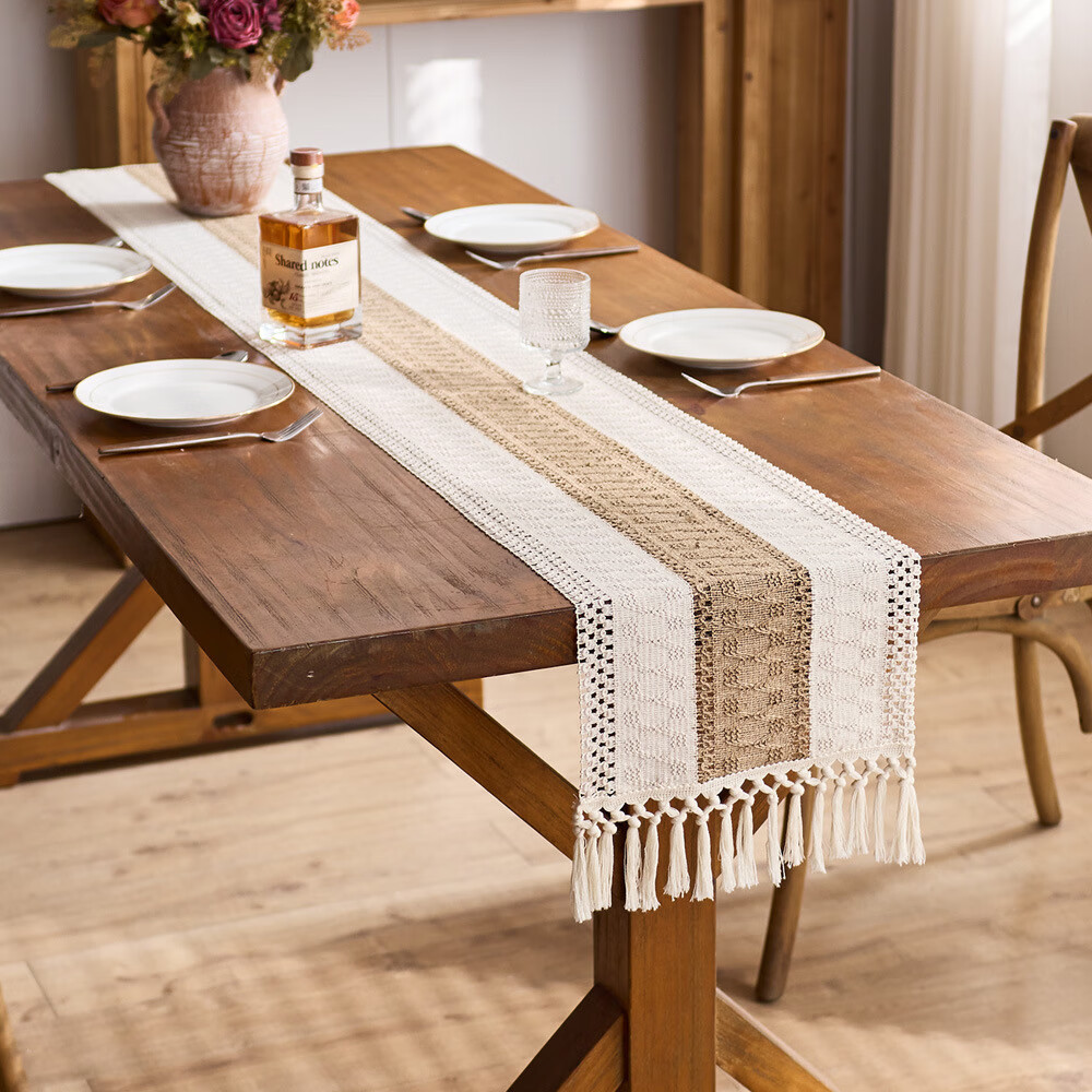 Jingxun Table Runner Color Block Tie-Dye Hollow Tassel Living Room TV Cabinet Coffee Table Tea Mat Long Decorative Tablecloth, 30*240cm 9