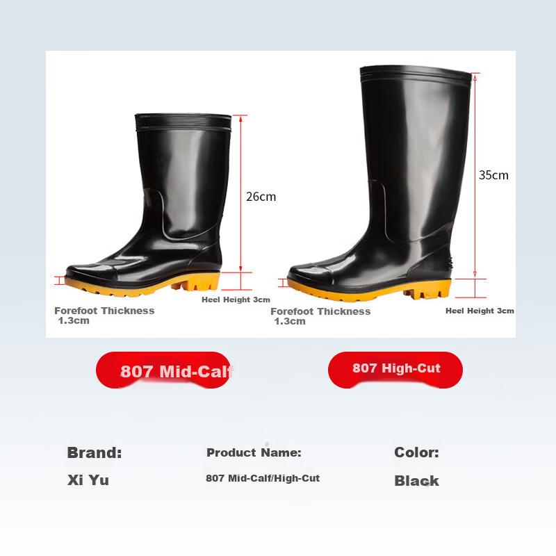 Xiyu Men's Waterproof Shoes, Lightweight Rubber Shoes, Non-Slip Rain Boots, Overshoes, Chef Shoes XY807, Black Mid-Calf, Size 37