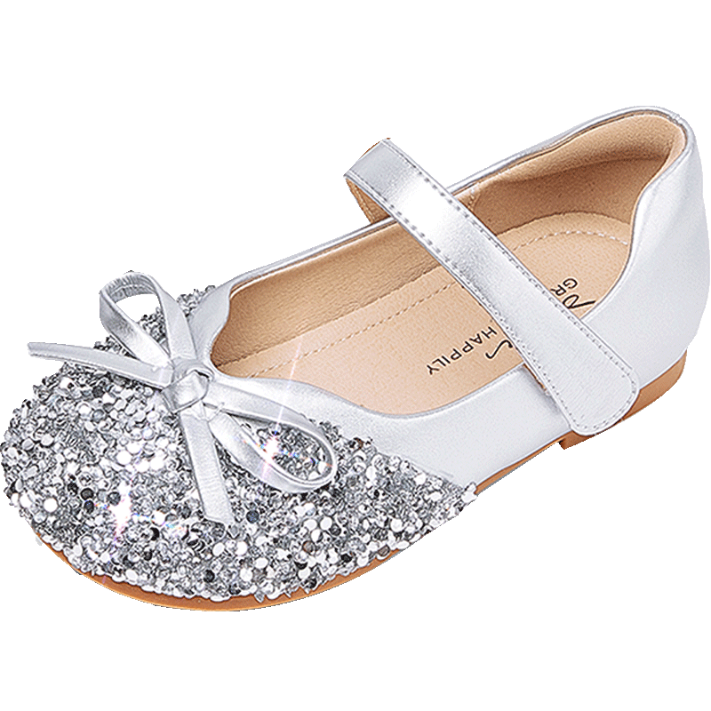 Snoffy Girls' Leather Shoes, Spring Children's Crystal Shoes, Shiny Diamond Princess Shoes, Comfortable Soft-Soled Flats for Little Girls, Moonlight Silver, Size 25