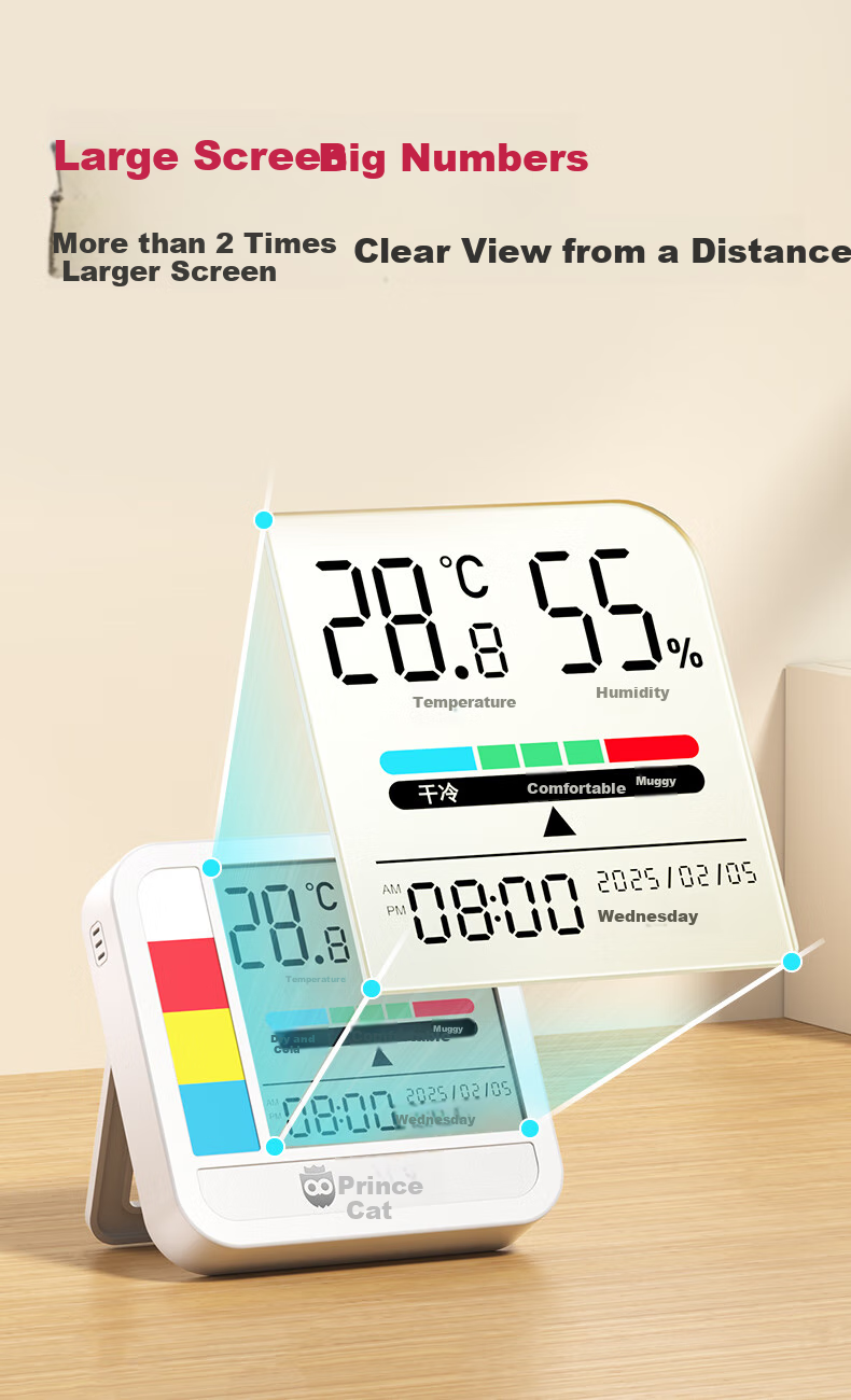 Maotaizi Thermometer And Hygrometer, High-Precision Intelligent Measurement, Baby Room Home Use, Extra-Large Screen Alarm Clock, Imported Movement, Indoor Wall-Mounted Or Desktop Office Supplies, White 4