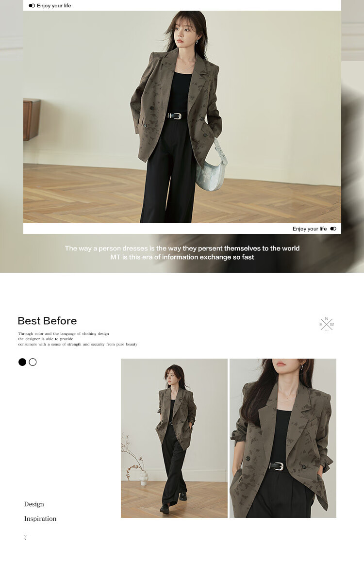 Mt [New Chinese Style Commuter Look] Autumn Texture Printed Fabric Elegant Simple Double-Breasted Blazer 2