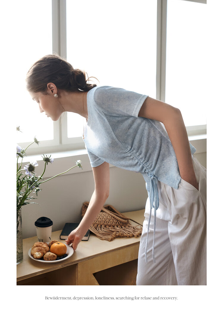 Olrain Oureier Solid Color Irregular Ruched Simple T-Shirt Summer New Waist Ruched Design Top Blue S 11