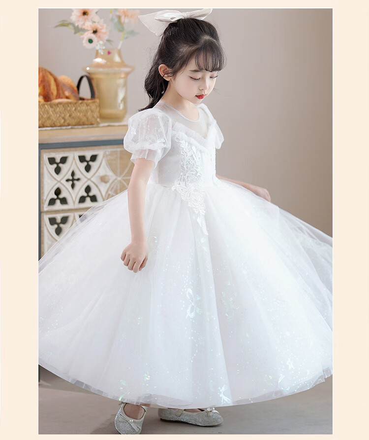 LUOBOBEIBEI Girls' Princess Dress, Summer 2025 Performance Costume, Children's White Dress, Tulle Puffy Skirt, White, Size 130 5