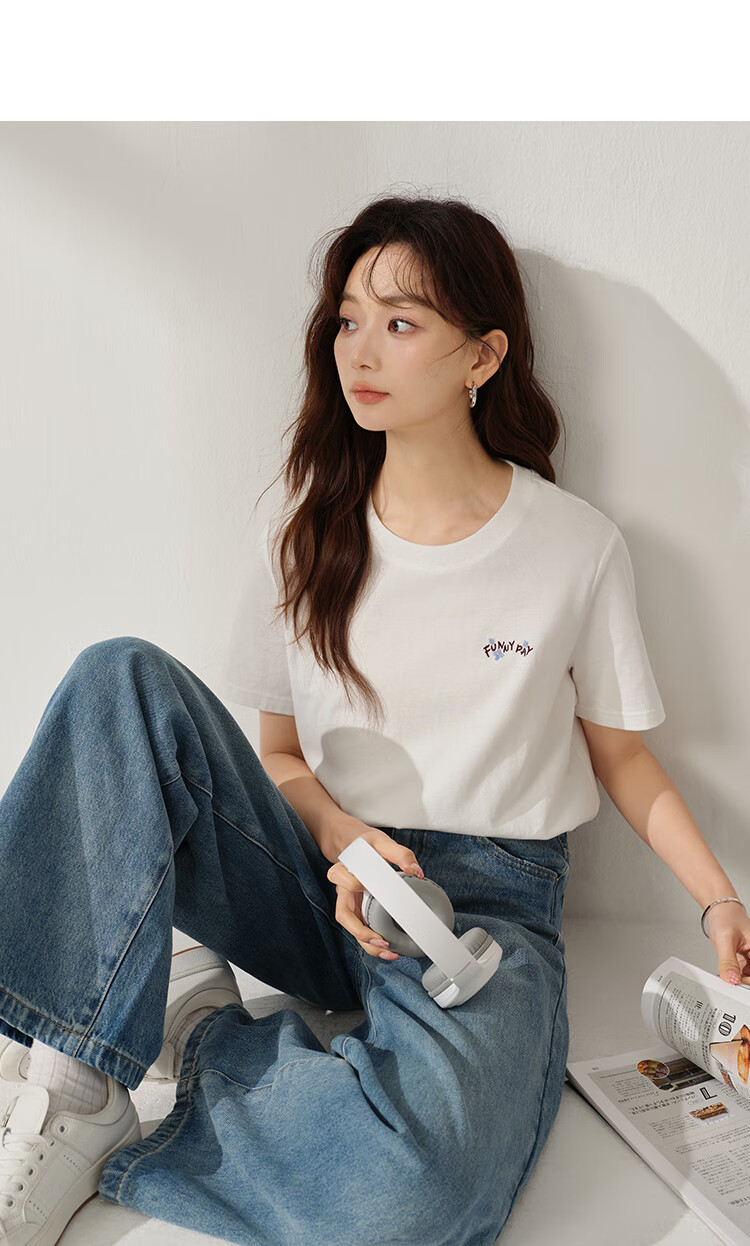 INMAN Women's 2025 Summer Embroidered Comfortable Simple Pullover Loose Fit Cotton Short Sleeve T-Shirt Sakura Pink S 33