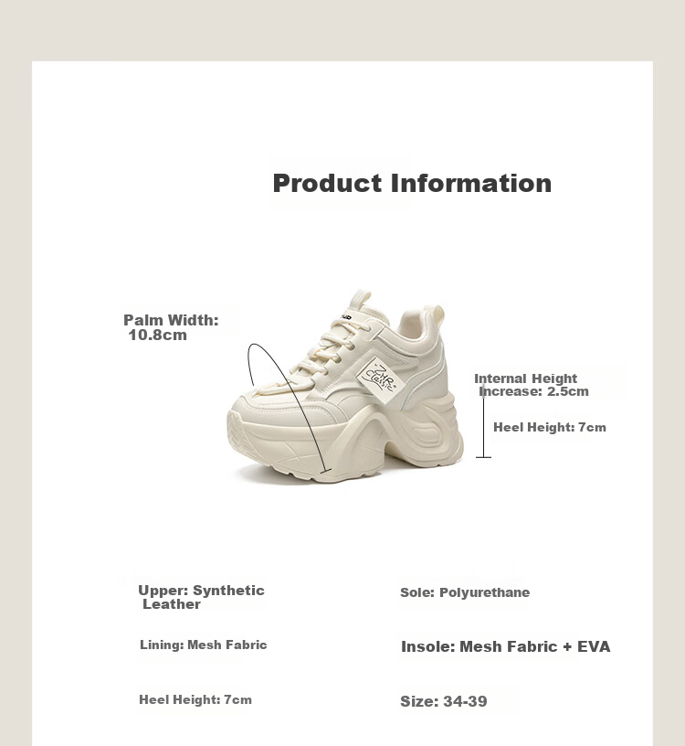 ZHR Women's Casual Shoes, Thick-Soled Height-Increasing Women's Shoes, Lightweight Versatile Commuter White Sneakers for Women, KS52, Beige, Size 37 5
