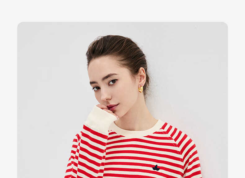 Navikail Italian Small Sailboat Women's Cotton Loose Long Sleeve Sweatshirt Striped Crew Neck T-Shirt 2315005501 Red White L 18