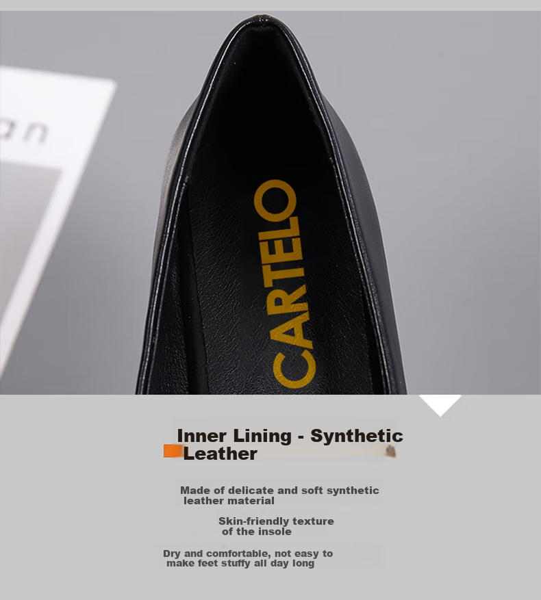 CARTELO Women's Leather Shoes, Pointed Toe Work Shoes, Low Heel Commuter Flats, KDO-A335 Black, Size 41 5