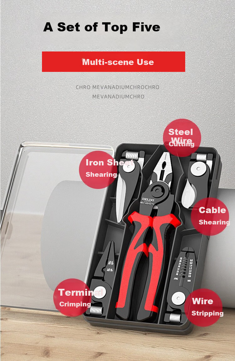 DELIXI ELECTRIC 5-In Multifunctional Pliers Set Including Wire Cutters, Pliers, Strippers, Electrician's Crimping Pliers 2