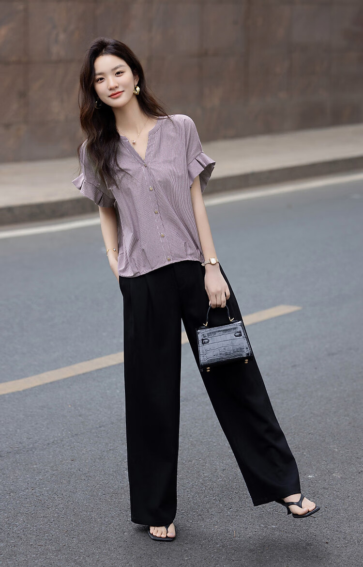 Demana 100% Cotton Summer Casual V-Neck Pleated Ruffle Sleeve Loose Fit Shirt for Women 13