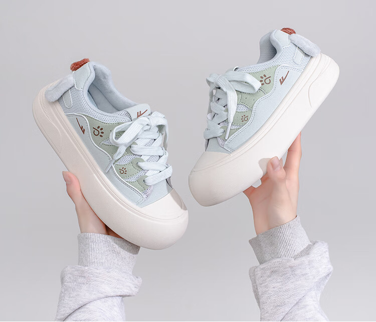 Warrior Women's Spring New Thick-Soled Casual White Sneakers 5022 Beige/Light Blue Size 35 7