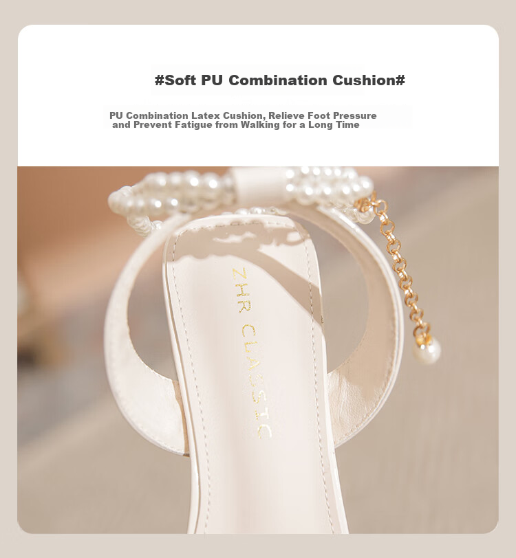 ZHR Women's Sandals with Chunky Heel, Comfortable And Stylish Women's Shoes, Elegant Pearl Chain Slimming Shoes for Women JF28 Beige 36 6