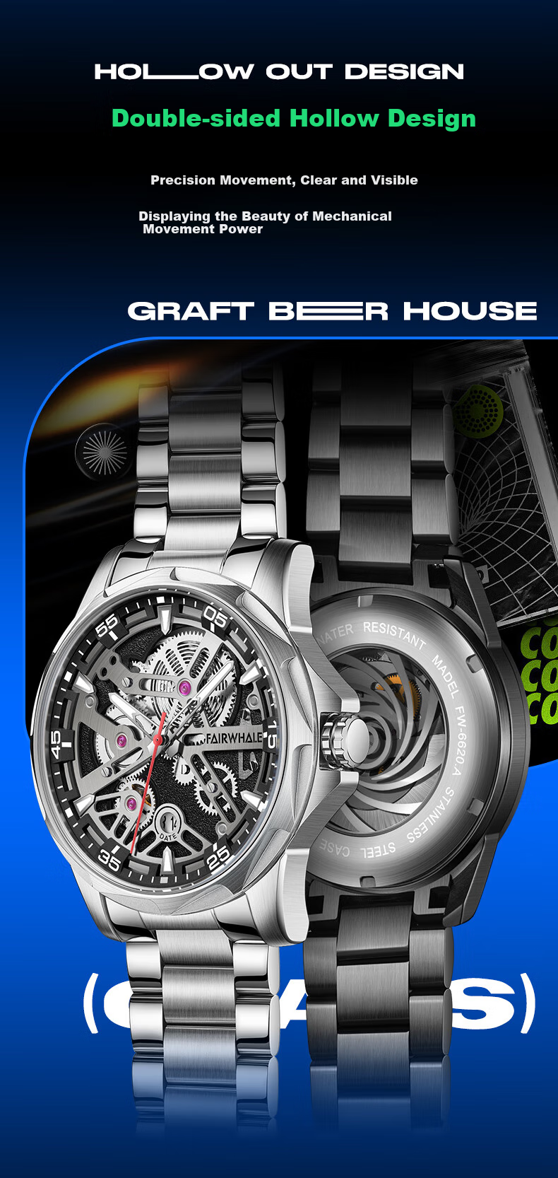 MARK FAIRWHALE Men's Fully Automatic Skeleton Mechanical Watch, Luminous, Water-Resistant, Top Ten Famous Watches, Swiss Quality Wristwatch FW-6620 2
