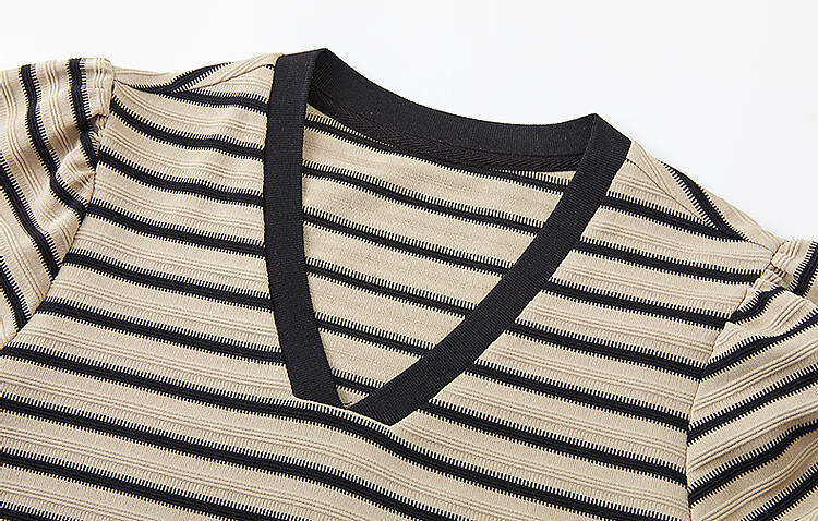 Demana Women's Summer V-Neck Striped Puff Sleeve Ribbed Splice Loose Knit Dress with Soft Cloud Cotton 11