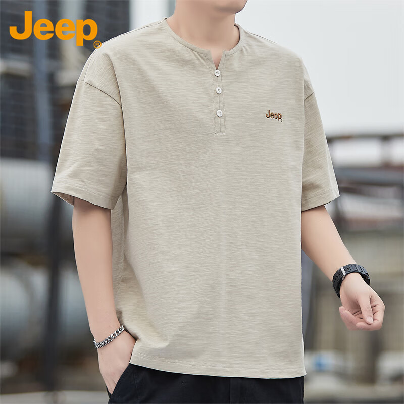 Мужская футболка JEEP с коротким рукавом, летняя, свободная, дышащая, из чистого хлопка, с воротником-хенли, цвет хаки, размер 2XL