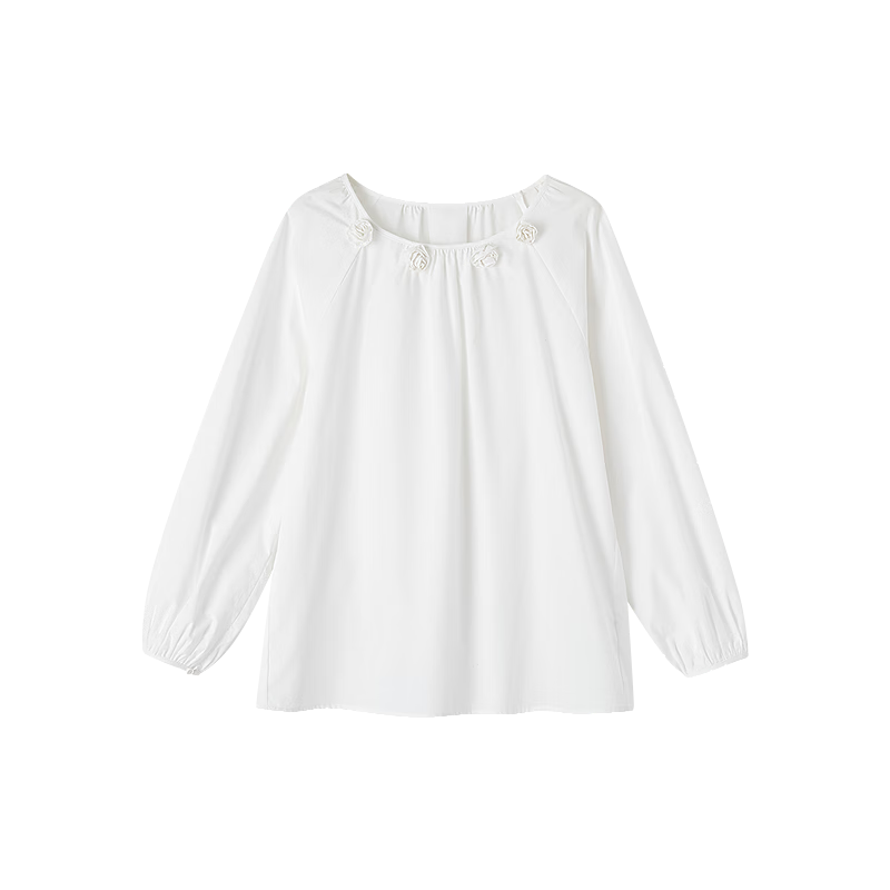 Dme [Moonlight Old Dream] Autumn French Pure Cotton Handmade 3D Floral V-Neck Pleated Blouse Women's Top
