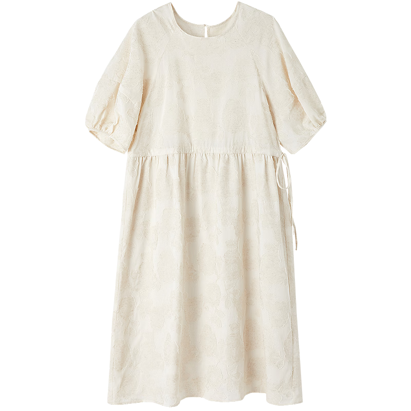 Demana Heavy Embroidered 3D Cutwork Summer French Style Lightweight Loose Mid-Length Women's Dress with Drawstring and Half Sleeves