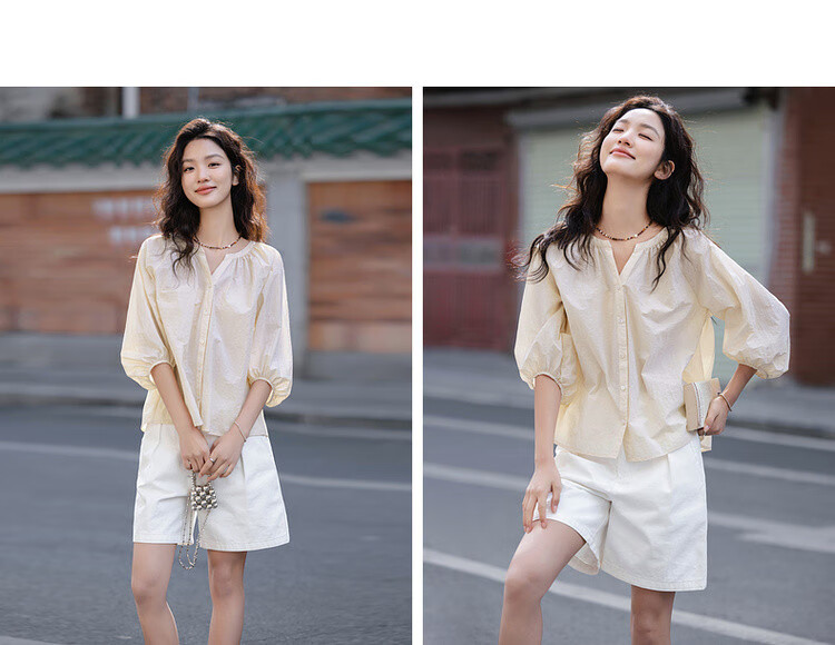 Dme [Bian Dao Qing Shi] Spring Literary Style Simple V-Neck Mid-Sleeve Shirt, Lightweight Breathable Blouse, Women's Top 5