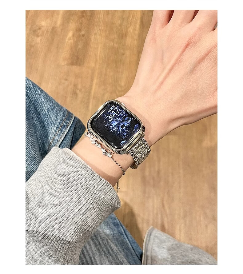 Biaodaige New Starry Sky Compatible with Apple Watch Band for Apple Watch S10/11, Full Diamond IWatch Summer Breathable Metal Women's Style with Silver Protective Case 42MM 6