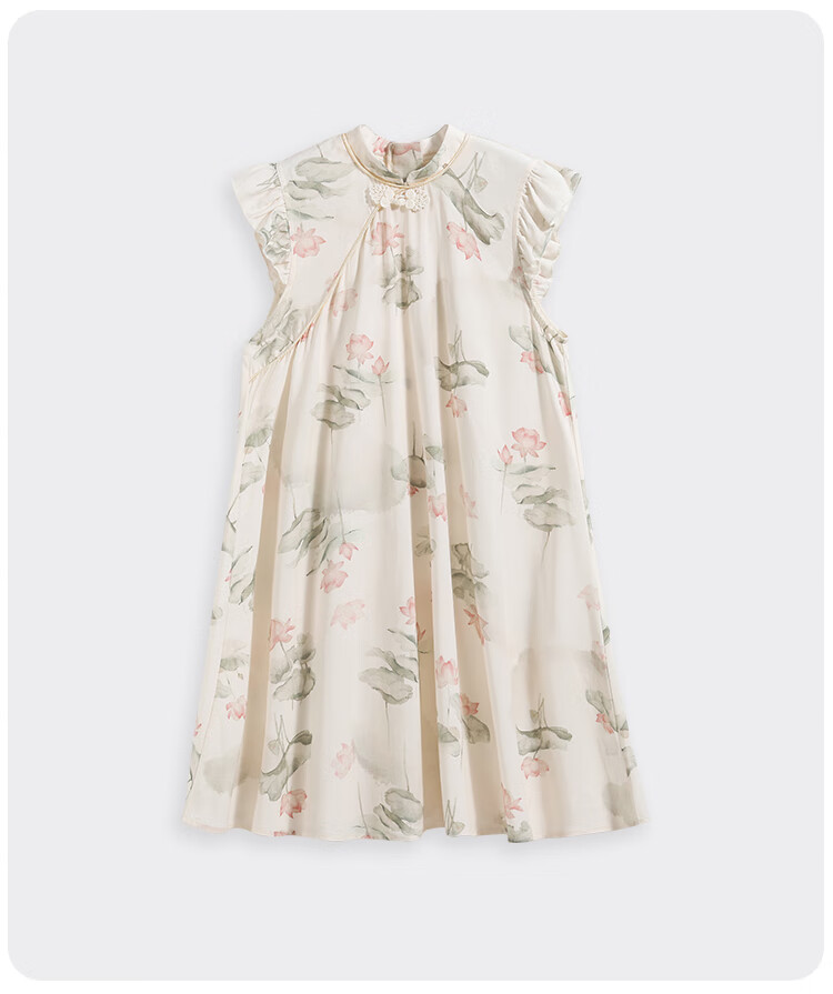QQ DUCK Girls' Dress Children's Summer Dress Fresh Chinese Style Sleeveless Dress Summer Lotus Pond; Size 140 1