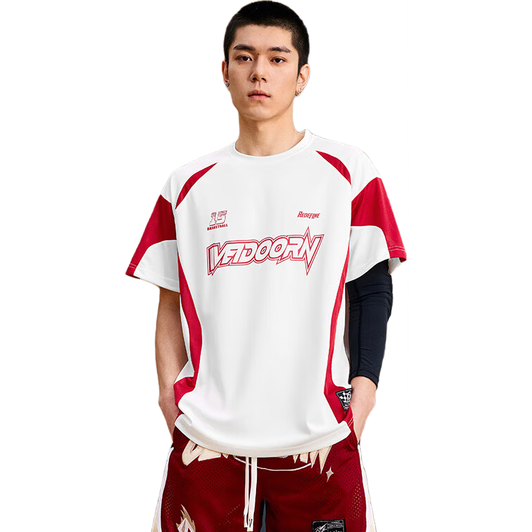 VEIDOORN Basketball Short-Sleeve T-Shirt, Player-Style Instant Summer Tee for Men, Round Neck Breathable Sports Top, Instant Red XL
