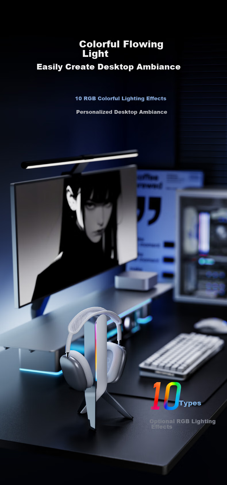 HUMANEX Multifunctional Headphone Stand, Over-Ear Gaming RGB Desktop Storage Headphone Rack AX1-G 2