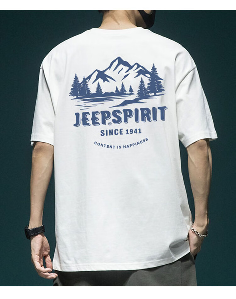 JEEP SPIRIT Heavyweight Short-Sleeve T-Shirt for Men, Summer Large Size Half-Sleeve Tee with American Print Top, Black, XL 8